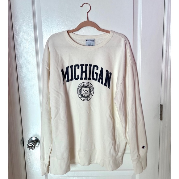 University of Michigan Reverse Weave Creme and Navy Crewneck Sweatshirt 2XL - Picture 1 of 6